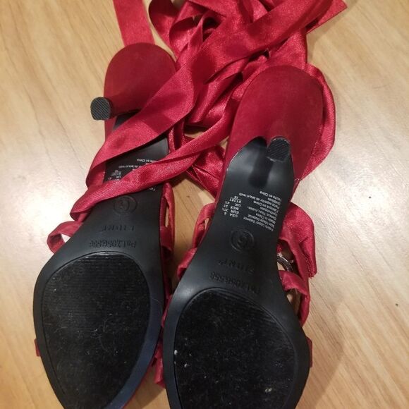 Fioni | Size 6 Vintage Ruby Red Open Toe Lace Up Heels with Circle Gem Detail - Picture 12 of 15